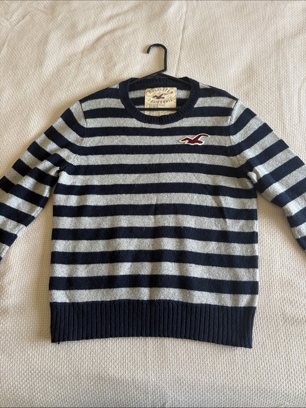 Hollister Men's Navy & Light Gray Striped Crewneck Sweater with Red Logo